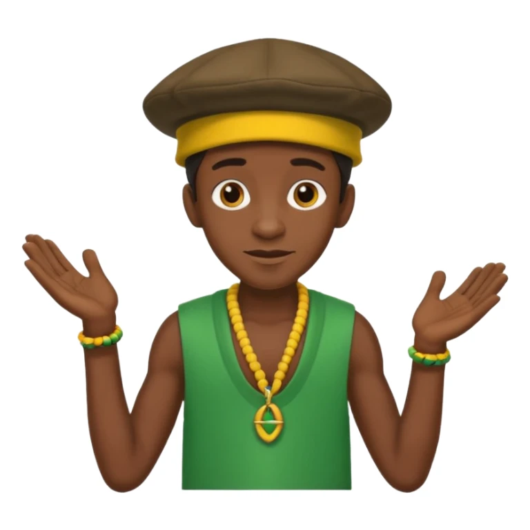 Lanky black guy with hunchback with hands out and Jamaican hat sticker