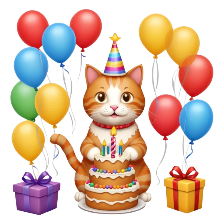 Ginger cat celebrates birthday, birthday hat, birthday cake, balloons, happy, gifts sticker
