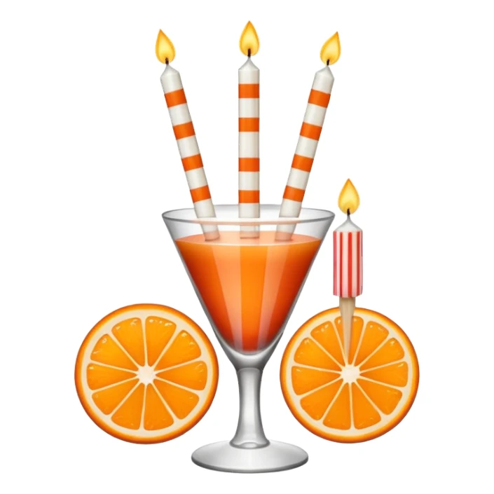 An orange with a horizontal red stripe around the middle. 4 vertical cocktail sticks in the orange with small pieces of candy on the sticks. On top of the orange a small white lit candle. The orange should be a piece of fruit not a drink.  sticker