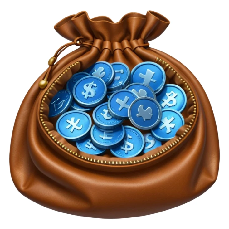 blue coins inside an opened brown money bag  sticker