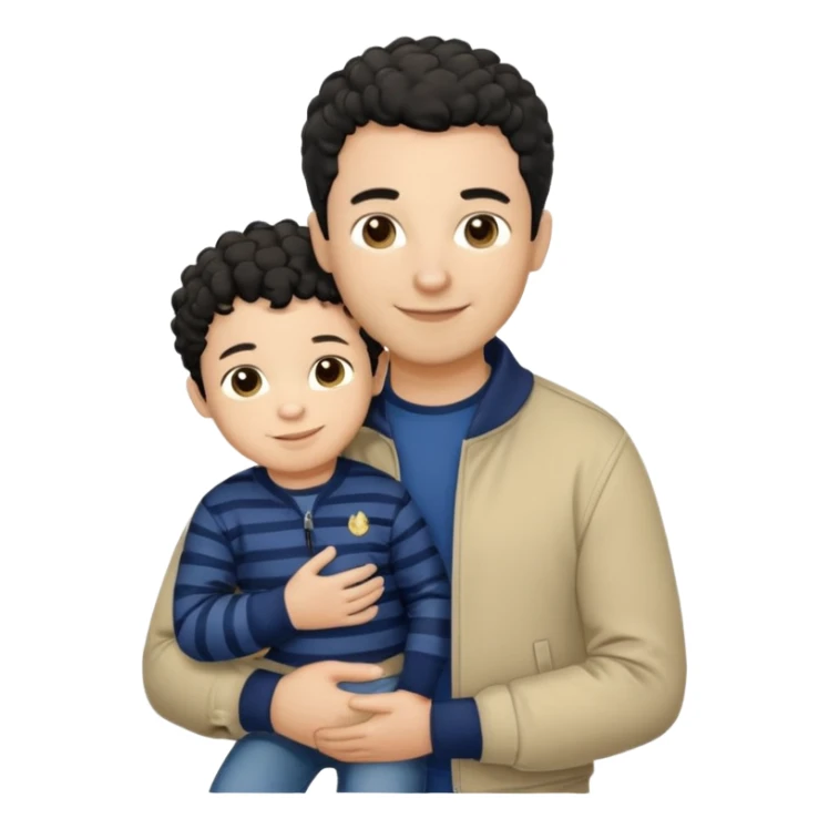 A father with short curly black hair and a friendly smile, dressed in a navy blue T-shirt and a beige jacket. He carries his child with soft straight dark hair wearing a tiny striped sweater. Bright, natural, heartwarming scene. sticker