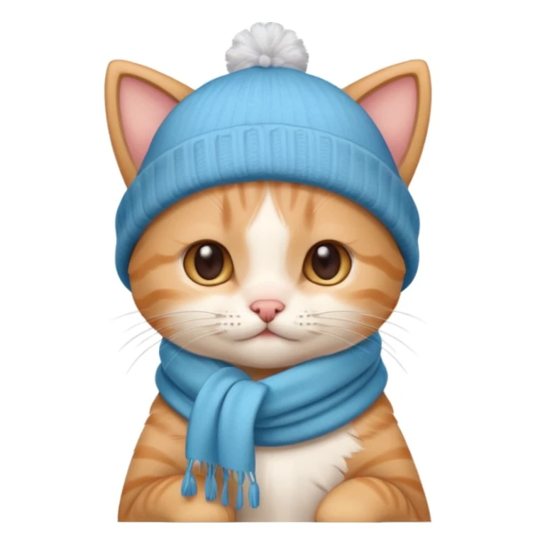 cute kitten shivering with cold, droopy ears, wearing scarf and hat, white background sticker