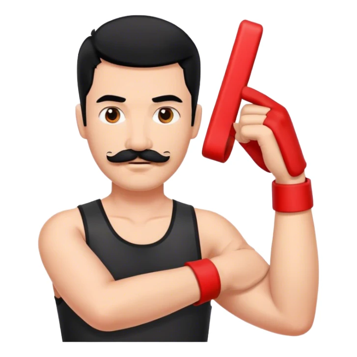 Man with black hair short, square mustache and red arm band sticker