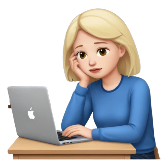 tired student with laptop, window at night behind, chin on desk, apple style emoji sticker