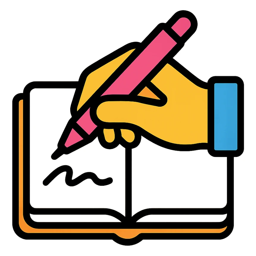 a hand holding a pink pen, writing in an open notebook, color outline icon style sticker
