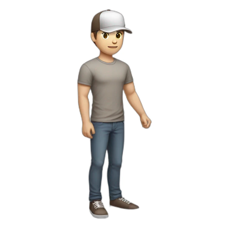 Pale skinned fit Man with dark brown hair in a light gray cap, dark brown jeans, brown polo and white T-shirt keeping a pasted with tape white box into his hands sticker