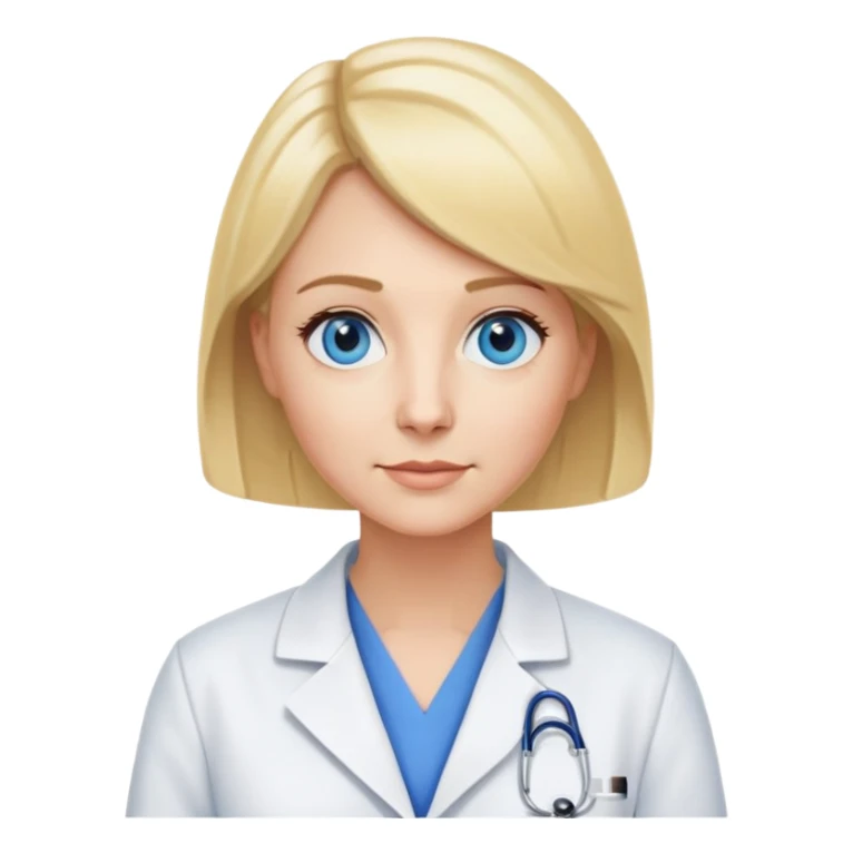 Mrs. Maria, math and artificial intelligence teacher, no glasses, thin nose, blonde eyebrows, blonde bob hair, blue eyes, wearing a lab coat sticker