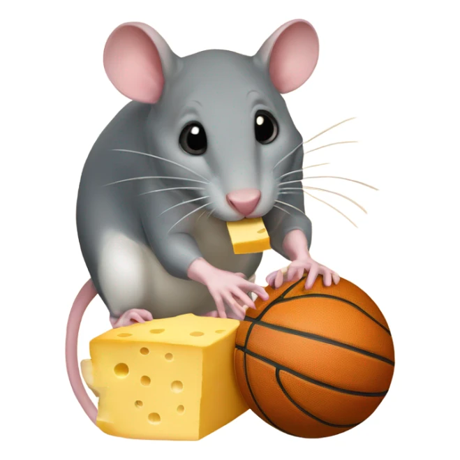A rat eating cheese with a basketball  sticker