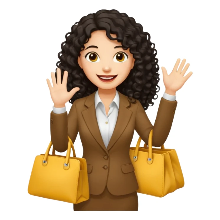 medium deep tan brown business woman with long black curly hair, waving hand with happy face with smile mouth and carrying bag on her shoulder and the other hand holding yellow tumblr sticker