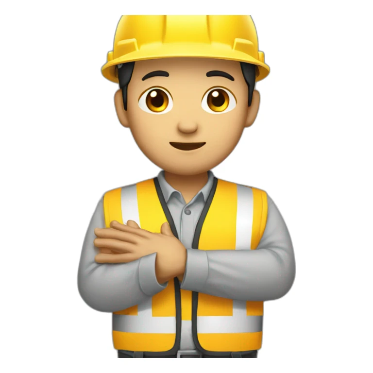 asian construction worker with hands together held in prayer and yellow hard hat sticker