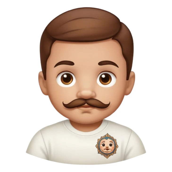 Baby with brown hair and a mustache. He has tattoo sticker