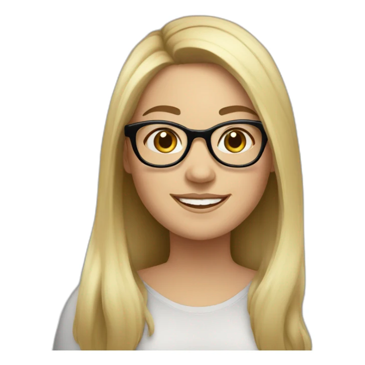 A chubby white young woman with black long hair glasses and smiling sticker