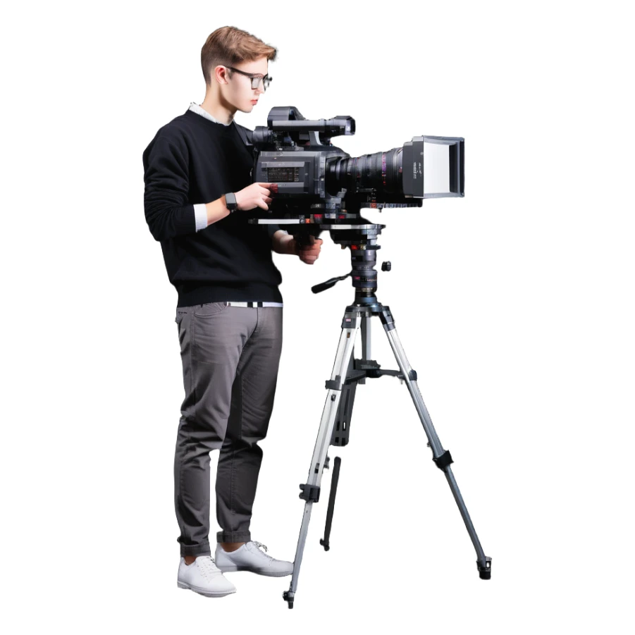 cinéaste de profil ou 3/4 tenant une vraie caméra broadcast professionnelle, œil dans l’œilleton, cadrant devant lui, personnage entier de la tête aux pieds sticker