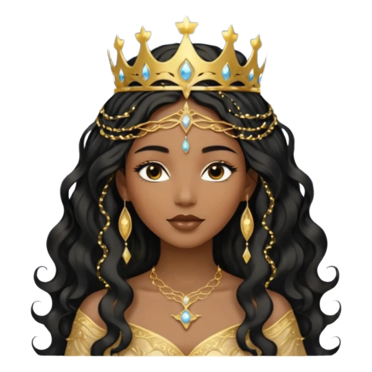 a black beautiful angel with gold pattern on her face and and long wavy black hair, she wears a ethereal crown with sparkling strings and a beautiful sparkling golden gown with moon crest in the middle of the gown, her face calm, gentle and kind, magical aura around her sticker
