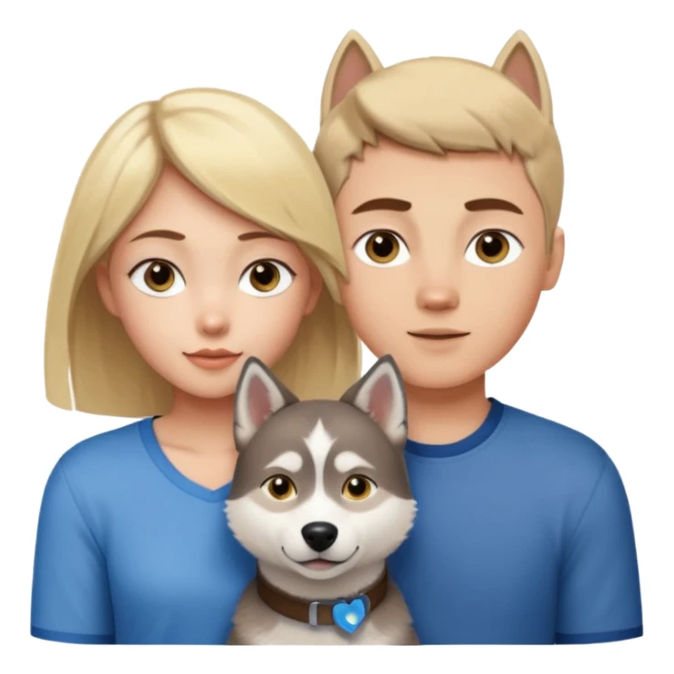 ragazza bionda occhi gialli capelli lisci biondo che abbraccia un husky occhi azzurri e un ragazzo bruno capelli corti e rasati occhi castani sticker