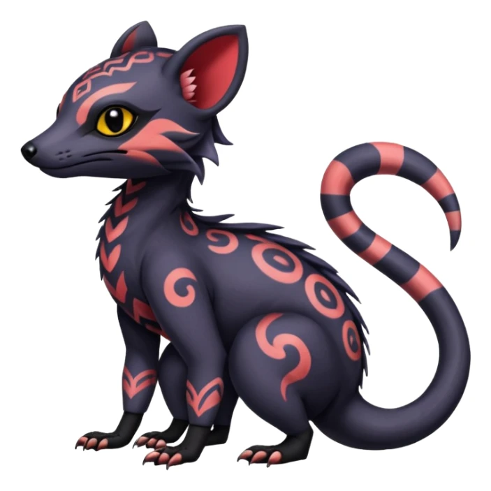 Rare warm-colored exotic gloomy tropical edgy cute epic aesthetic spooky  gothic colorful Salandit-Noibat-Civet-species-Fakemon-hybrid-creature, with tribal tattoo markings, full body sticker