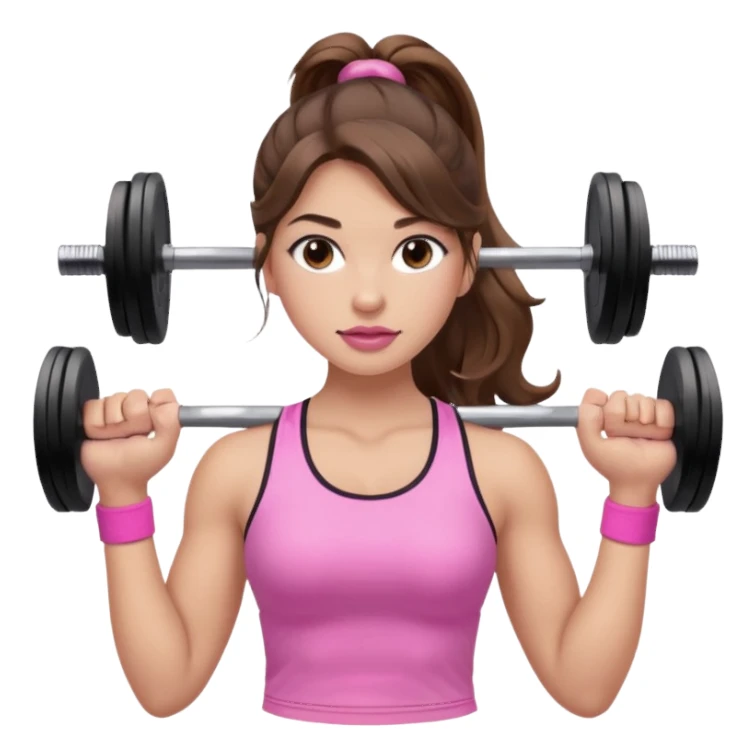girl with wavy long ponytail brown hair, brown eyes, light to medium complexion, long lashes, light pink lipstick, wearing light pink shirt, lifting pink weights in a sports top sticker
