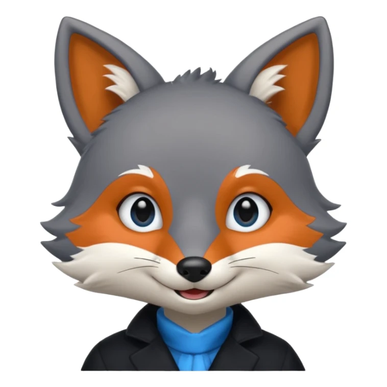 Grey anthropomorphic furry fox with a black coat, blue eyes, and a small fringe of black hair, smiling sticker