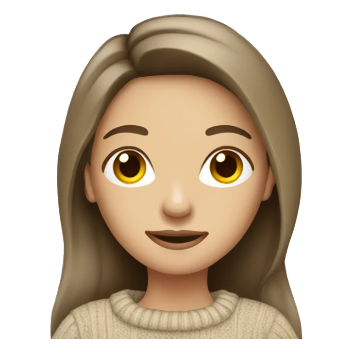 Brunette long hair women beige sweater with camera sticker