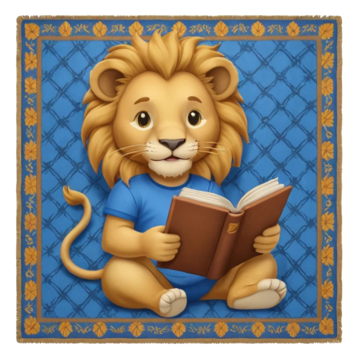 Happy lion reading  on a carpet with blue shirt on sticker
