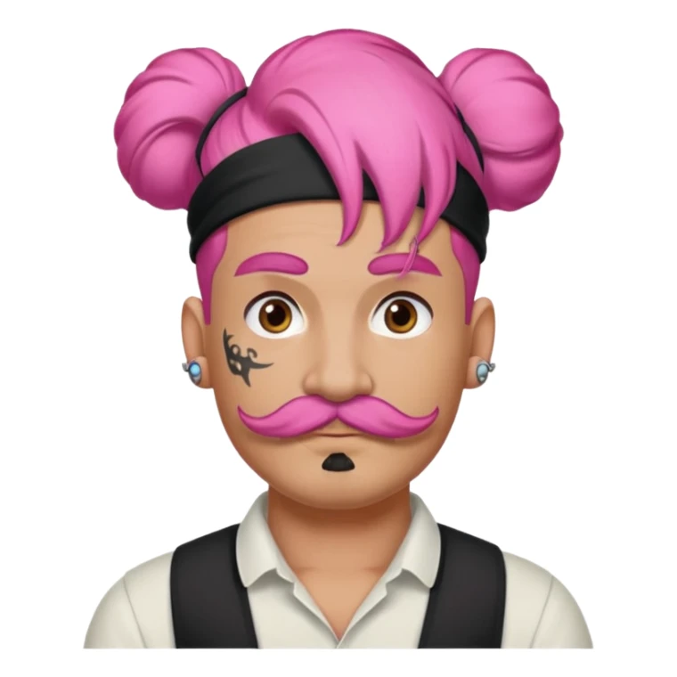 single big bun pink hair man and mustache and face tattoos very heavy and headband sticker