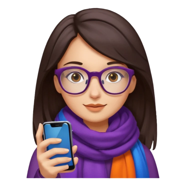Fille châtain foncé avec lunettes. Elle porte une grosse écharpe violette, bleu et orange. Elle est dans une cuvette de toilette. Téléphone en main. Realiste sticker