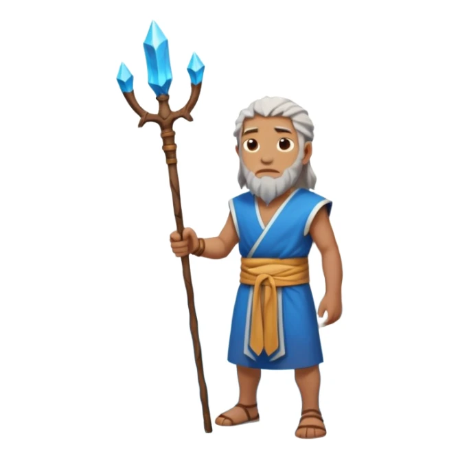 iOS-style 3D emoji: wide blue sea split into two towering water walls, dry path in the middle, Moses standing at the center holding a staff upright sticker