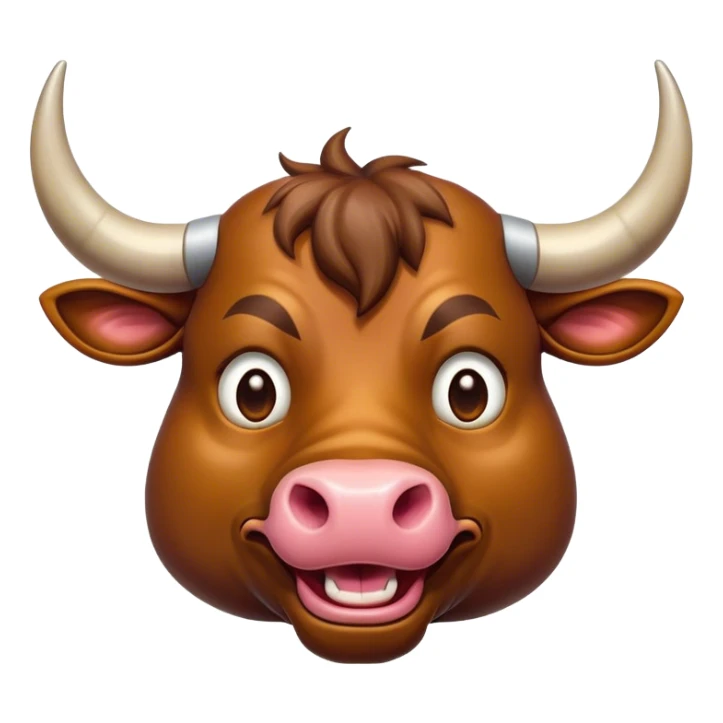 Cinematic Comical Domestic Bull Portrait Emoji, Head tilted dramatically with an exaggeratedly amused expression, featuring a striking, glossy coat with boldly defined horns and wide, expressive eyes brimming with playful disbelief, Simplified yet hilariously expressive features, highly detailed, glowing with a slightly sassy, earthy glow, high shine, dramatic yet playful, stylized with an air of cheeky rural mischief, soft glowing outline, capturing the essence of a spirited and over-the-top domestic bull that looks ready to charge its way into internet fame instantly! sticker