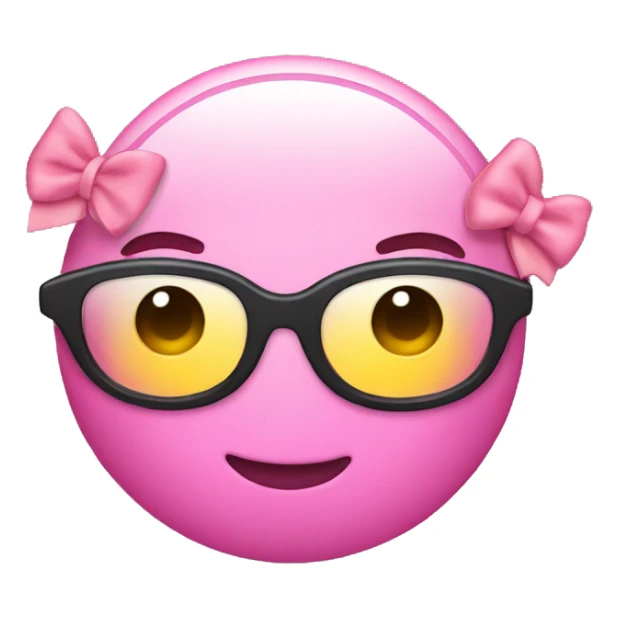 Pink round emoji smiley with black nerd glasses and bow on top of head  sticker
