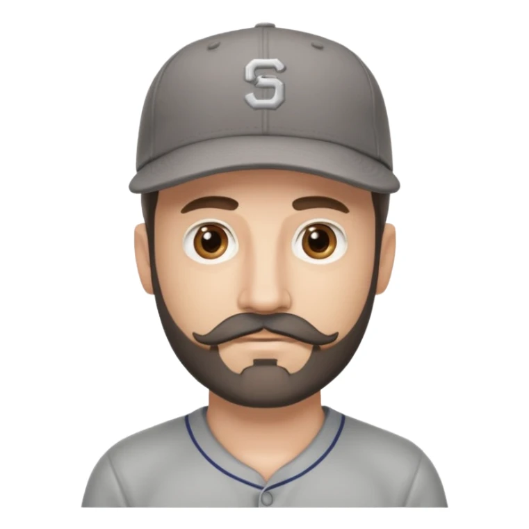 white male with dark brown goatee beard and moustache with grey tones wearing a grey baseball cap back to front with hazel eyes sticker