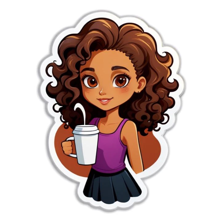 Girl with tan skin and curly hair drinking coffe  sticker