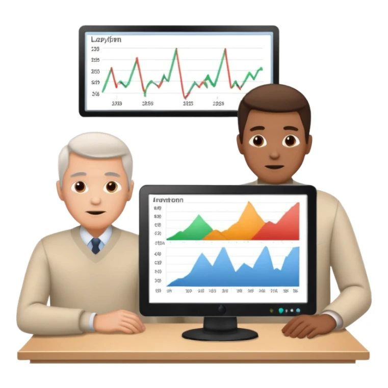 teaching somebody else in person, in the same place, watching the same monitor together, the trainee and trainer are in the similar age, two both are men, the monitor should be showing some data graphs sticker