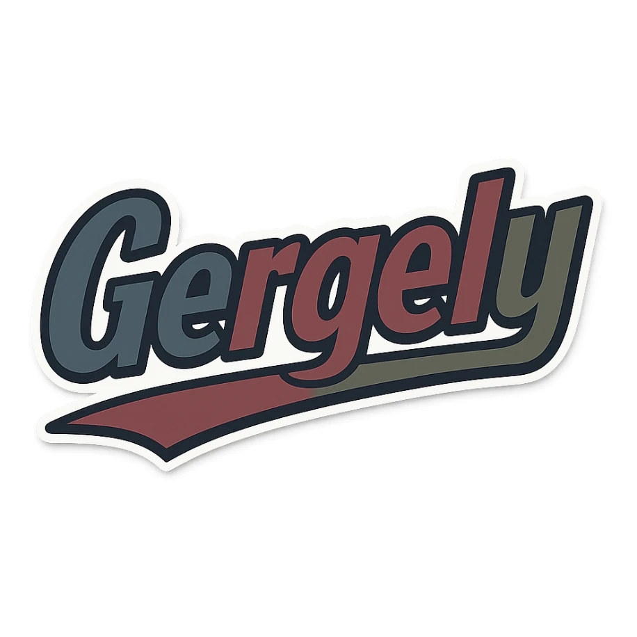 Text image of the name 'Gergely' in a masculine, modern font with gradient style, precise Hungarian characters, dark contour, prominent and clearly visible white border like the uploaded sample, dynamic slanted underline, masculine color shades including blue, gray, burgundy, green, and brown, 1000x1000 px, PNG, transparent background. sticker
