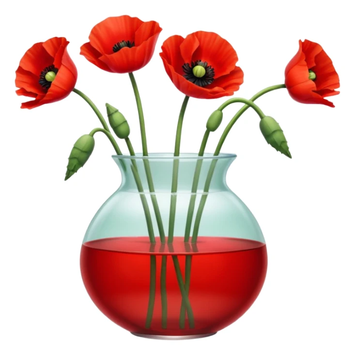 three big realistic poppy flowers in a clear vase with clear water sticker