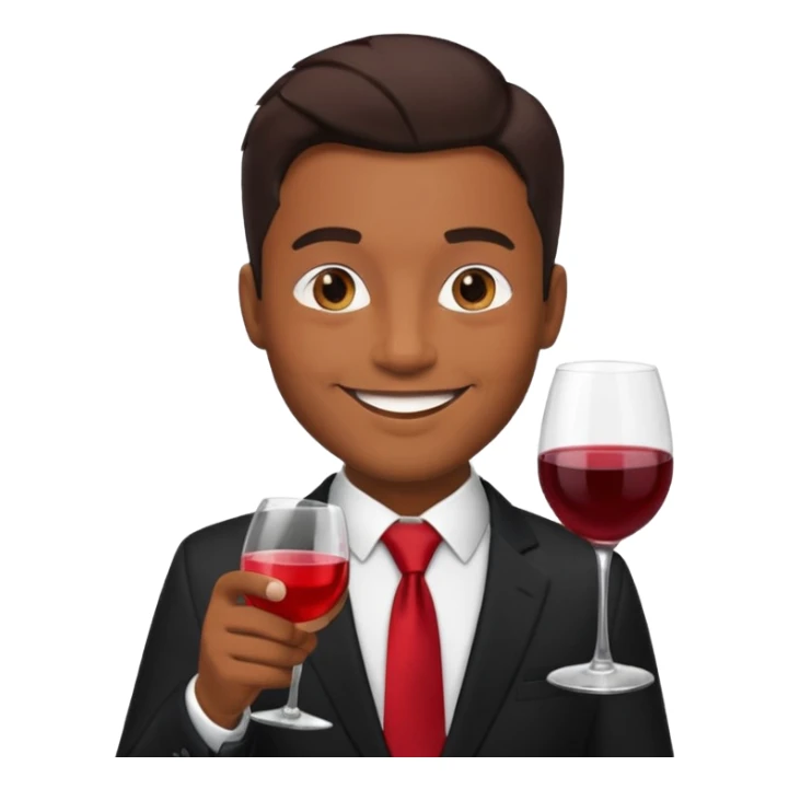 Man with black suit and red tie, brown skin, handsome, drinking wine with a happy face sticker