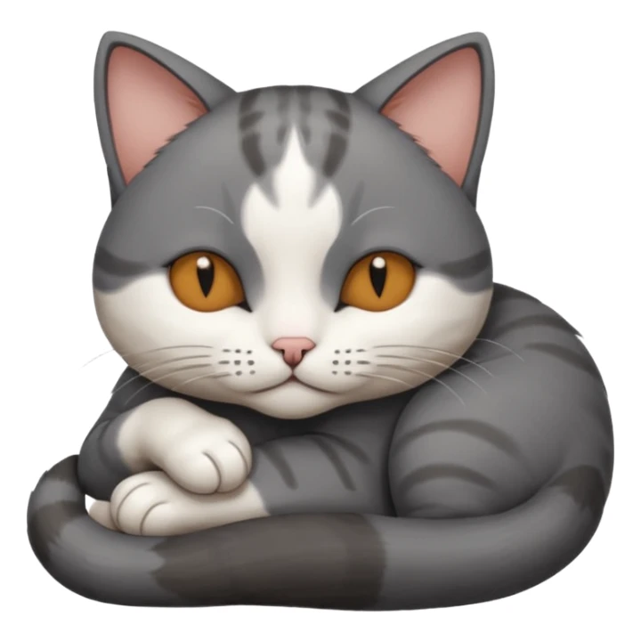 dark grey and white small cat with his eyes closed, leaning his head on his paw while leaning on his elbow lying down sticker