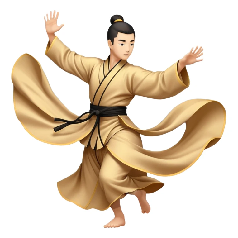 Emblem symbolizing Wushu martial arts. A graceful martial artist performs a dynamic kung fu pose, with flowing movements and a long, elegant robe. The background features stylized clouds and traditional Chinese symbols, representing fluidity, balance, and precision. Transparent background. sticker