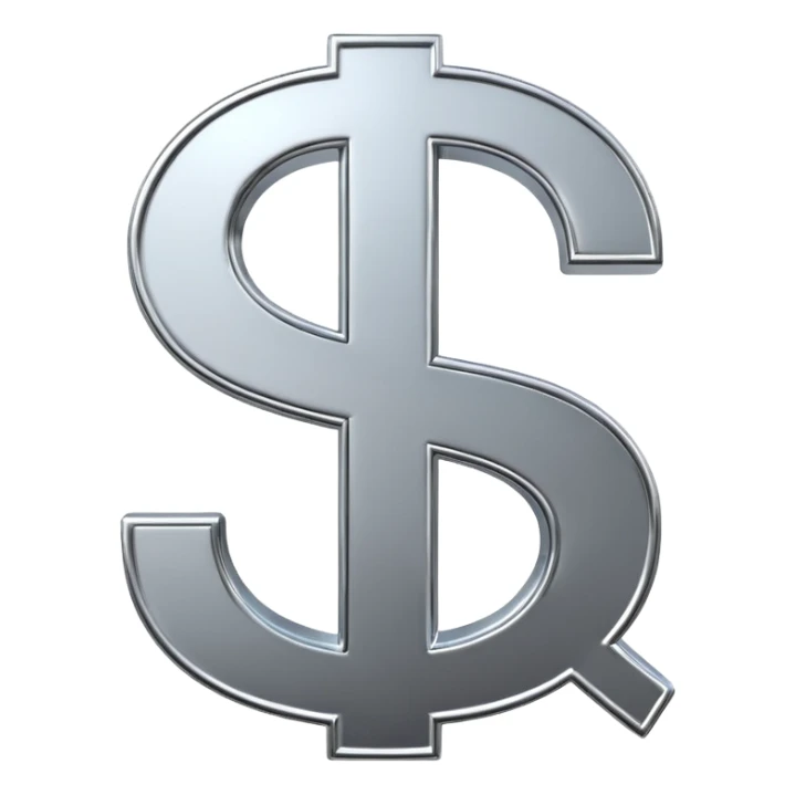 A double dollar sign emoji made of polished silver chrome, smooth metallic surface, glossy reflections, luxury swag vibe, minimal iOS emoji style, centered on white background sticker