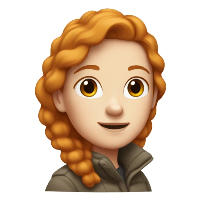 A white girl who is ginger with freckles and has a puffy coat sticker