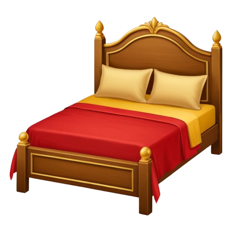 bed with red and gold sheets, wooden sticker