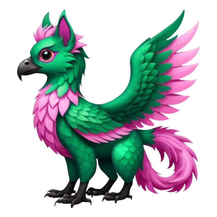 Emerald-green gryphon-Trico-fusion-hybrid with a long tufted tail, black beak, pink swirly pattern markings, black claws, black tail, majestic, realistic, furry (full body) sticker