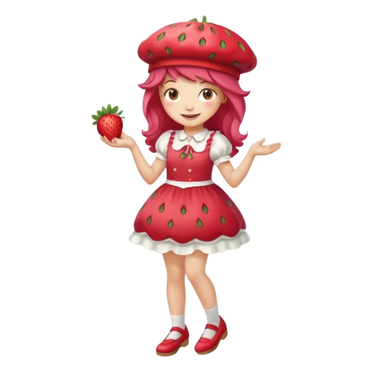 Strawberry shortcake human girl full body and legs with a strawberry hat on her head and dress without a cake sticker
