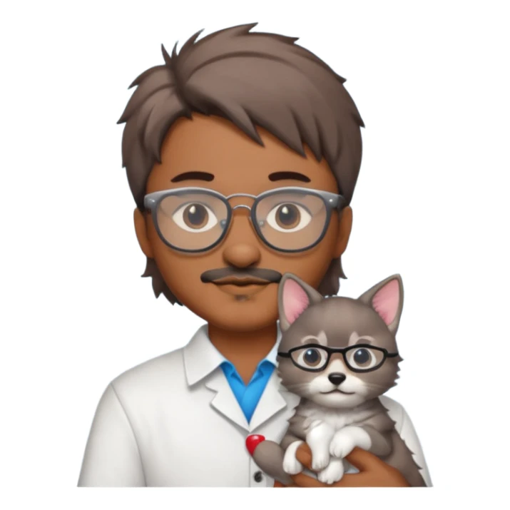 Glasses and mustach holding a kitten, the person should be brown and have a wolf cut mullet sticker