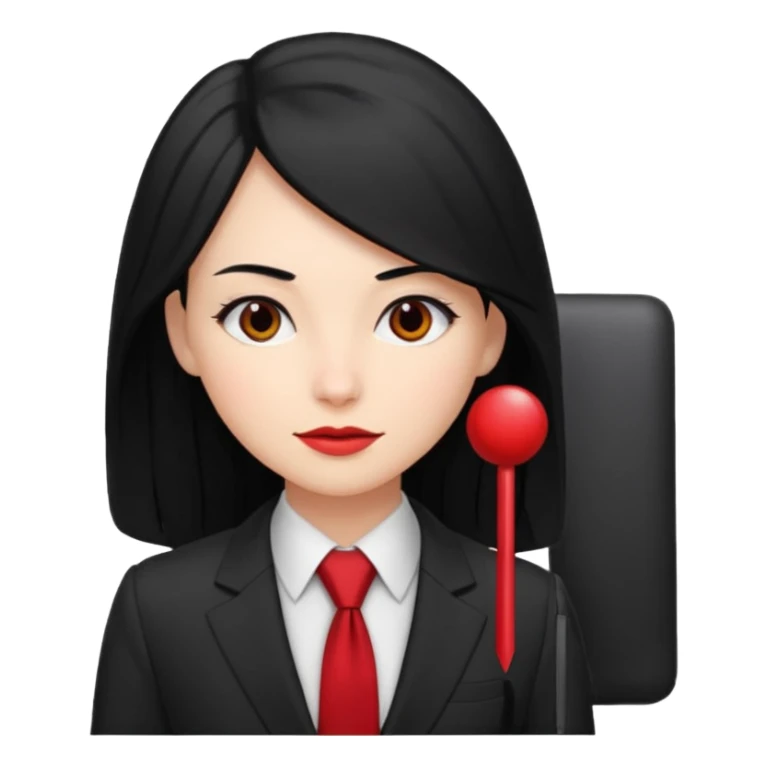 female boss in suit, long black hair, red tie sticker