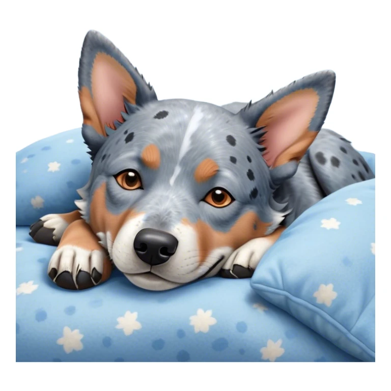 Meme-Worthy Cute Sleeping Blue Speckle Australian Cattle Dog Portrait Emoji, Head resting peacefully with a contented smile, showcasing a robust build and a luxuriously soft blue speckle Fur, eyes shut in a serene nap, Simplified yet hilariously adorable features, highly detailed, glowing with a soft, drowsy light, high shine, relaxed and utterly lovable, stylized with an air of playful laziness, bright and heartwarming, soft glowing outline, capturing the essence of a comically sleepy herder, so meme-worthy it feels like it could instantly become the next viral sensation of adorable slumber! sticker