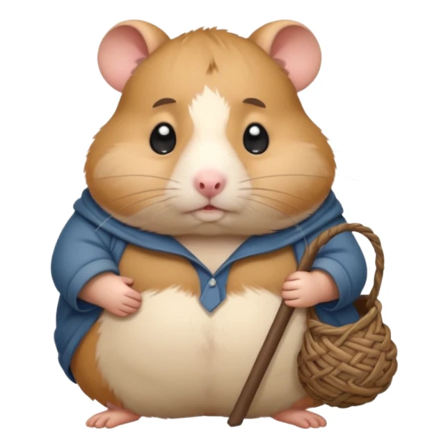 Fat cartoon-style hamster hobo carrying a bindle over its shoulder with a sad expression. sticker