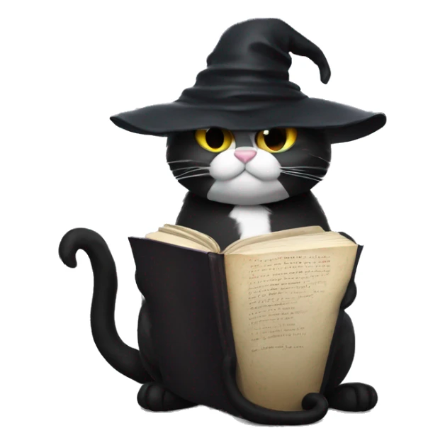 A black cat wearing a black wizard hat reading a book sticker