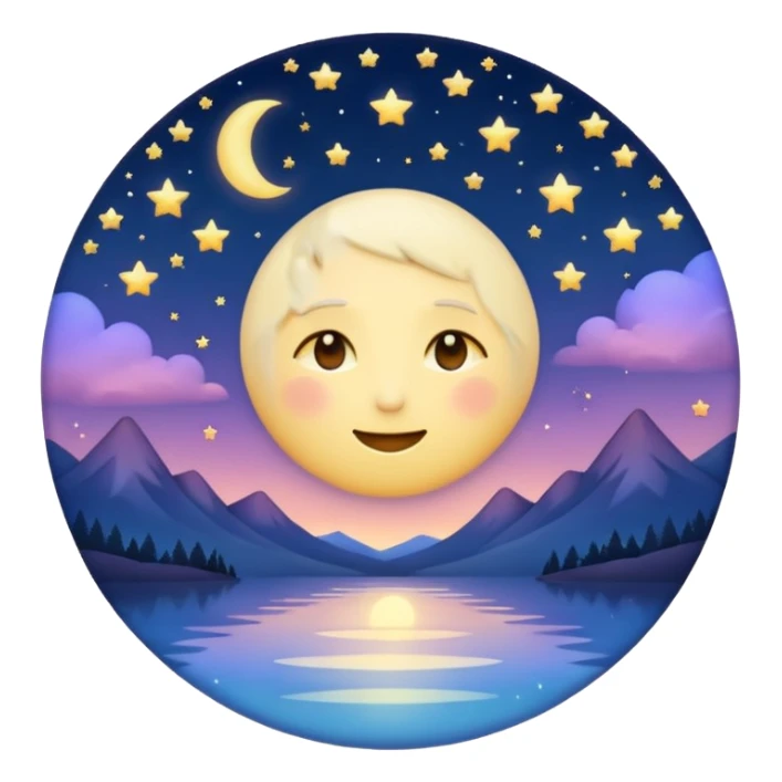 "Design a calming circle emoji for evening reflection. Soft moonlight, gentle stars, peaceful twilight sky, or spiritual symbols. No people - emphasize tranquil colors, night sky elements, and serene spiritual imagery." sticker