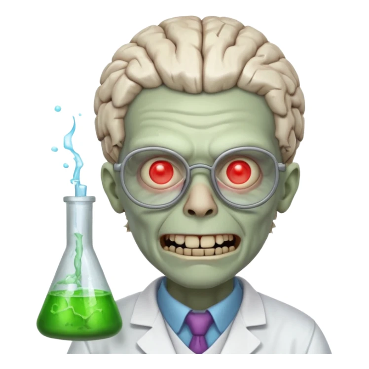 mad experiment zombie scientist portrait, head and shoulders only, exposed brain glow, broken glasses, evil grin, horror lab vibe, 3D cartoon, mobile game icon style, clean background, no text, no watermark
 sticker