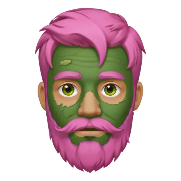 pink haired man with full full face dirty messy green clay mask and beard sticker